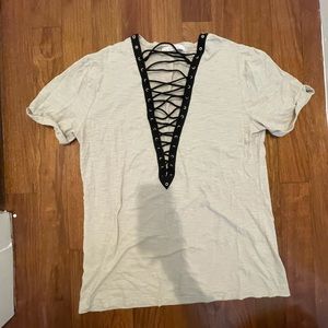 Tan Oversized Tee- lace up front